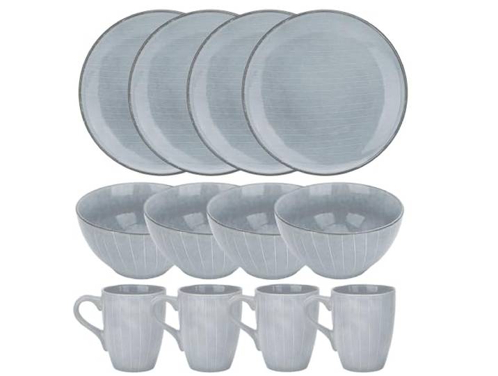 Intirilife 12-teiliges Geschirr Set Keramik Grau- Essgeschirr je 4 Speiseteller 27 cm, Müslischalen 850 ml, Kaffeetassen 270 ml - Tafelservice für 4 Personen- Kombiservice für Frühstück Mittag Dinner