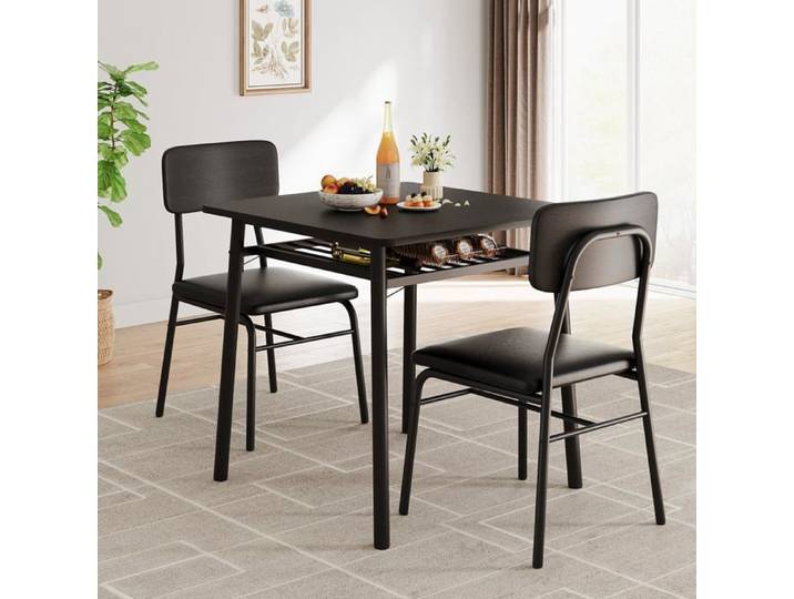 Ensemble table et tabourets bar – 1 table + 2 chaises rembourrées 3 étagères – gris– cuisine bar