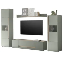 WOHNWAND Set 4-teilig 310 cm, Salbei grün, Eiche Barista, Komplettset mit viel Stauraum