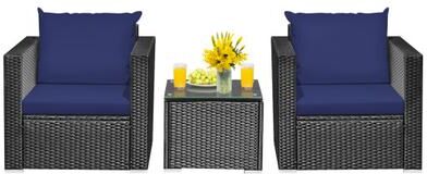 Costway 3 Pieces Patio Wicker Conversation Set with Cushion-Navy
