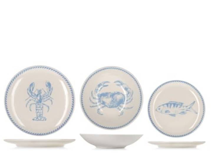 H&H Mediterranean Tafelservice 18-teilig aus dekoriertem Stoneware, Komplettes Geschirrset für 6 Personen, Mediterranes Design mit blauen Fischen und Krustentieren