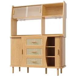 MODFU Buffetschrank MDF Holzoptik 140x40,5x174,5 cm mit Glasschiebetüren, 3 Schubladen und verstellbaren Füßen