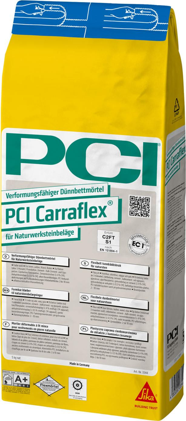 PCI Carraflex Verwerkbare flexibele dunbedmortel voor natuursteenbekleding, wit, C2FTE-S1, 5 kg
