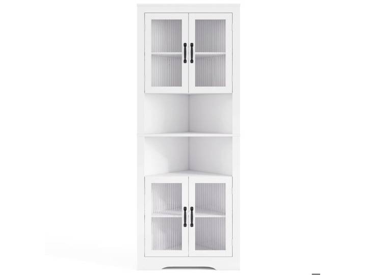 Montage Facile Meuble d'Angle Haut 67 Pouces Buffet Triangulaire Rangement Portes en Verre Blanc