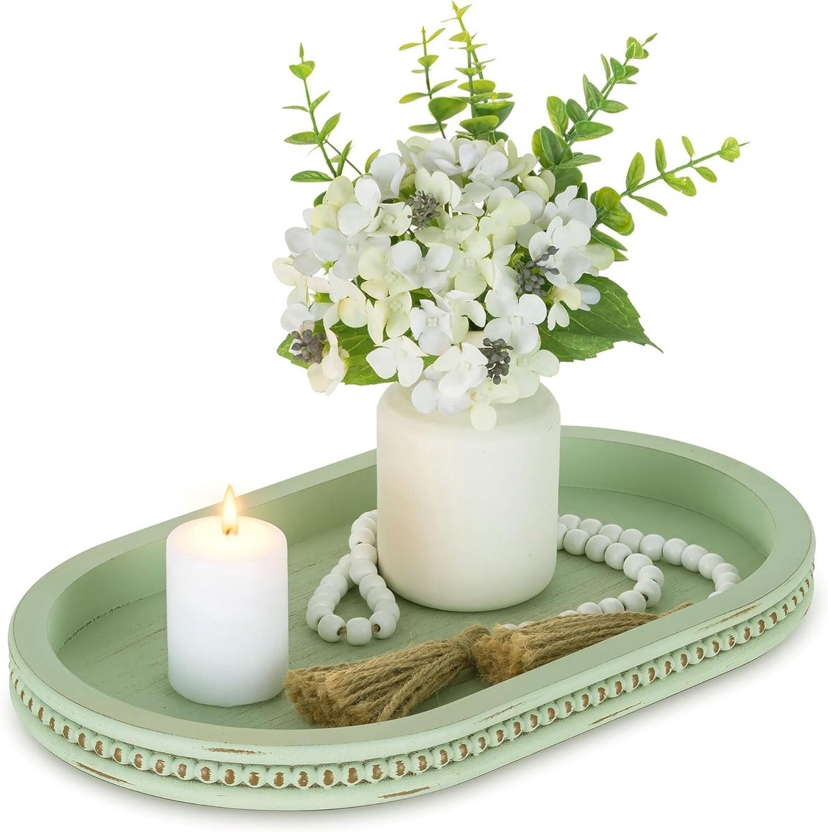 Ovale Salontafel Tray Saliegroen - Houten Decoratieve Display met Kralen