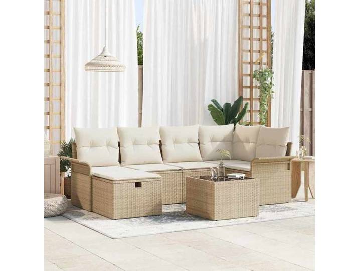 Ensemble de canapé de jardin modulaire - - 7 pièces - Poly rotin - Beige - Modulaire - Rangement intégré