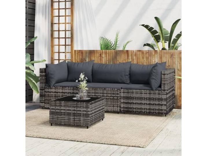 Salon de jardin 4 pcs avec coussins Gris Résine tressée ensemble de salon d'extérieur ensemble de mobilier 319767