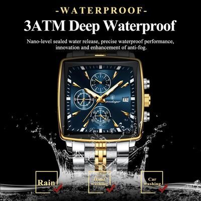 Inspired Finds POEDAGAR Square Chronograph Watch Stainless Steel Men's Quartz Watch Luminous Waterproof Wristwatch gold Black