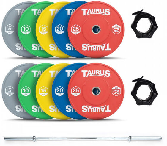 Taurus 150 kg Colour Bumper Olympic Weight Set with 20 kg Chrome Barbell