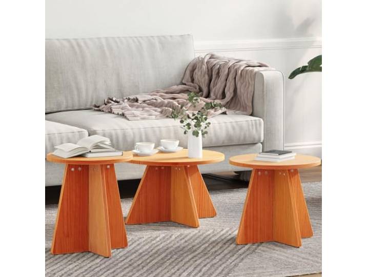 HEFZGDB Rustikaler Couchtisch aus Massivkiefer Runddesign 49x49x30 cm 3-teilig Wachsbrown für Wohnzimmer Einrichtungsideen