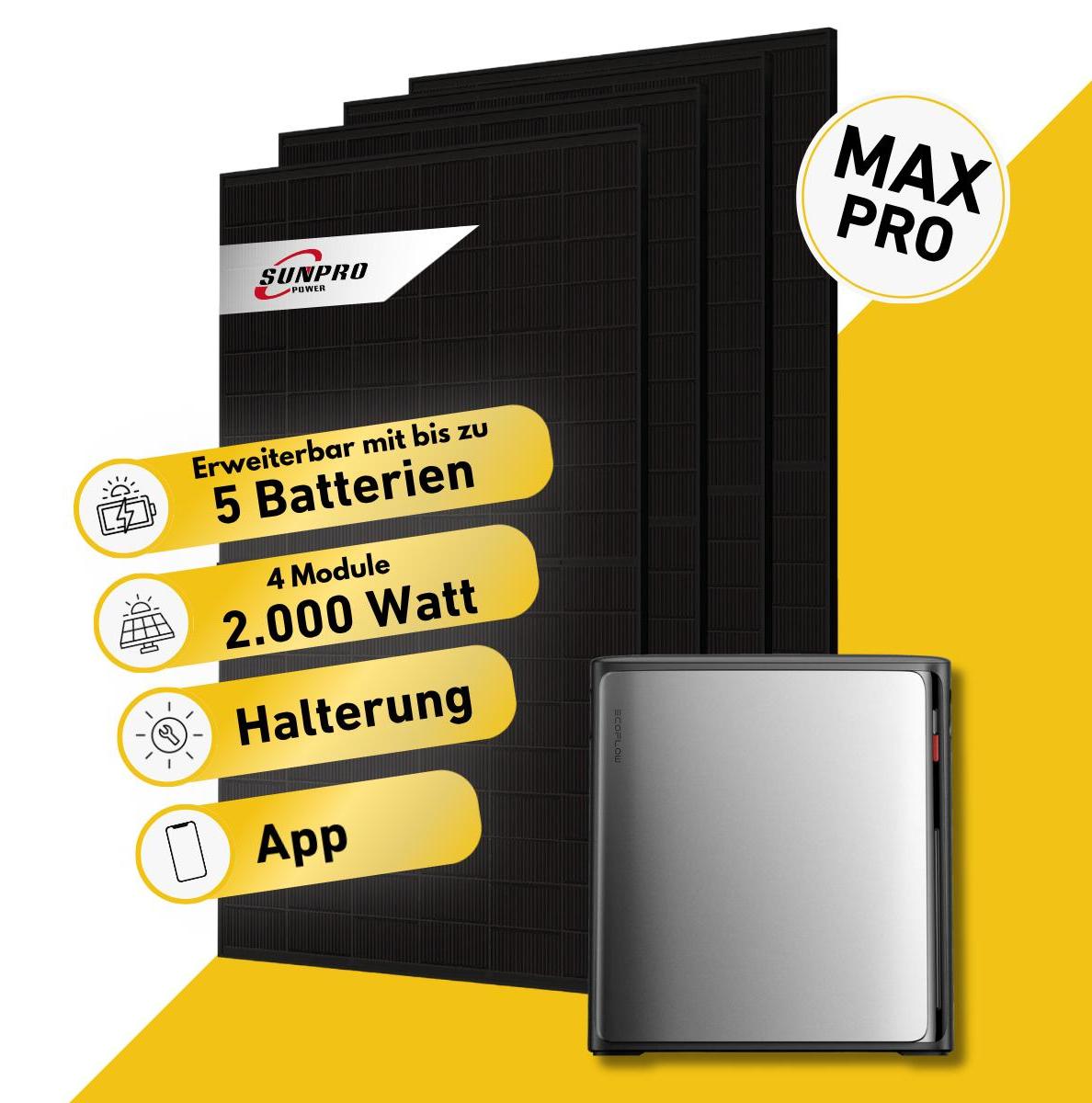 Balkonstrom Balkonkraftwerk 2000W Solaranlage mit Speicher | 4xSolarmodul Bifazial | SunEnergyXT 500 Pro | Kabel 2m