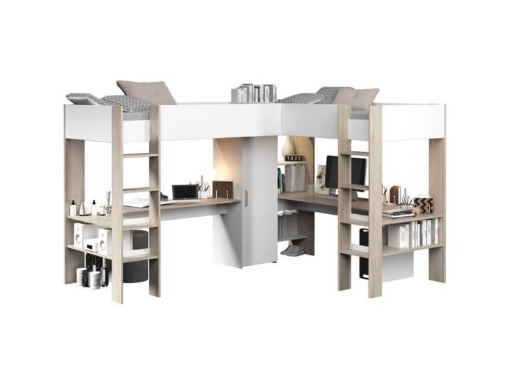 Lit double mezzanine combiné enfant ALEXANDRA avec 2 bureaux et rangements - 2x90x200 cm - Blanc/Chêne - Sommiers inclus - PARISOT