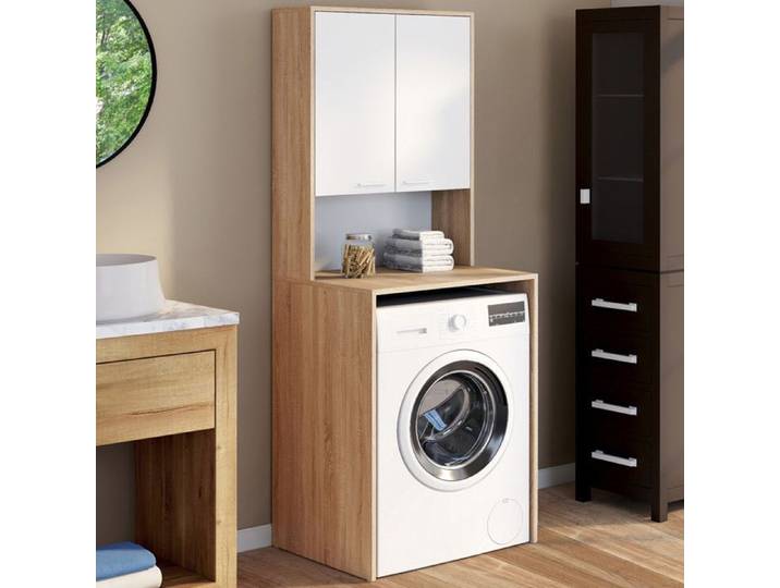 IDMARKET Meuble dessus de machine à laver WALLIS avec placard bois façon hêtre et blanc