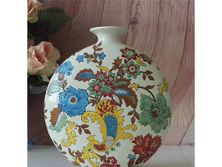 Vase en porcelaine blanche Jingdezhen, grande bouteille plate, grand Vase en céramique Pastel peint à la main avec motif floral
