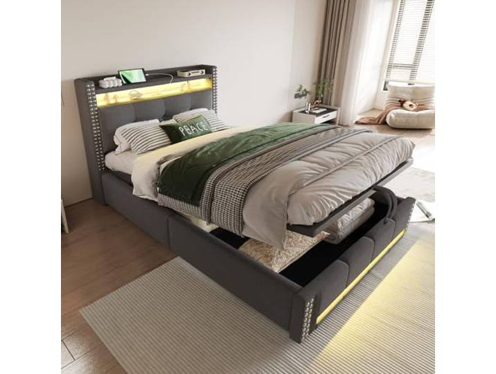 YuQozii 90x200cm gepolstertes Kinderbett mit Stimmungsbeleuchtung + USB-Steckdose, hydraulischem Stauraum & Nachttischgestell, Leinen-Einzelbett (Grau)