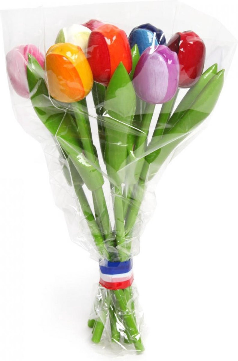 Houten Tulpen Boeket met 9 Gekleurde Tulpen - Decoratie - 20 cm