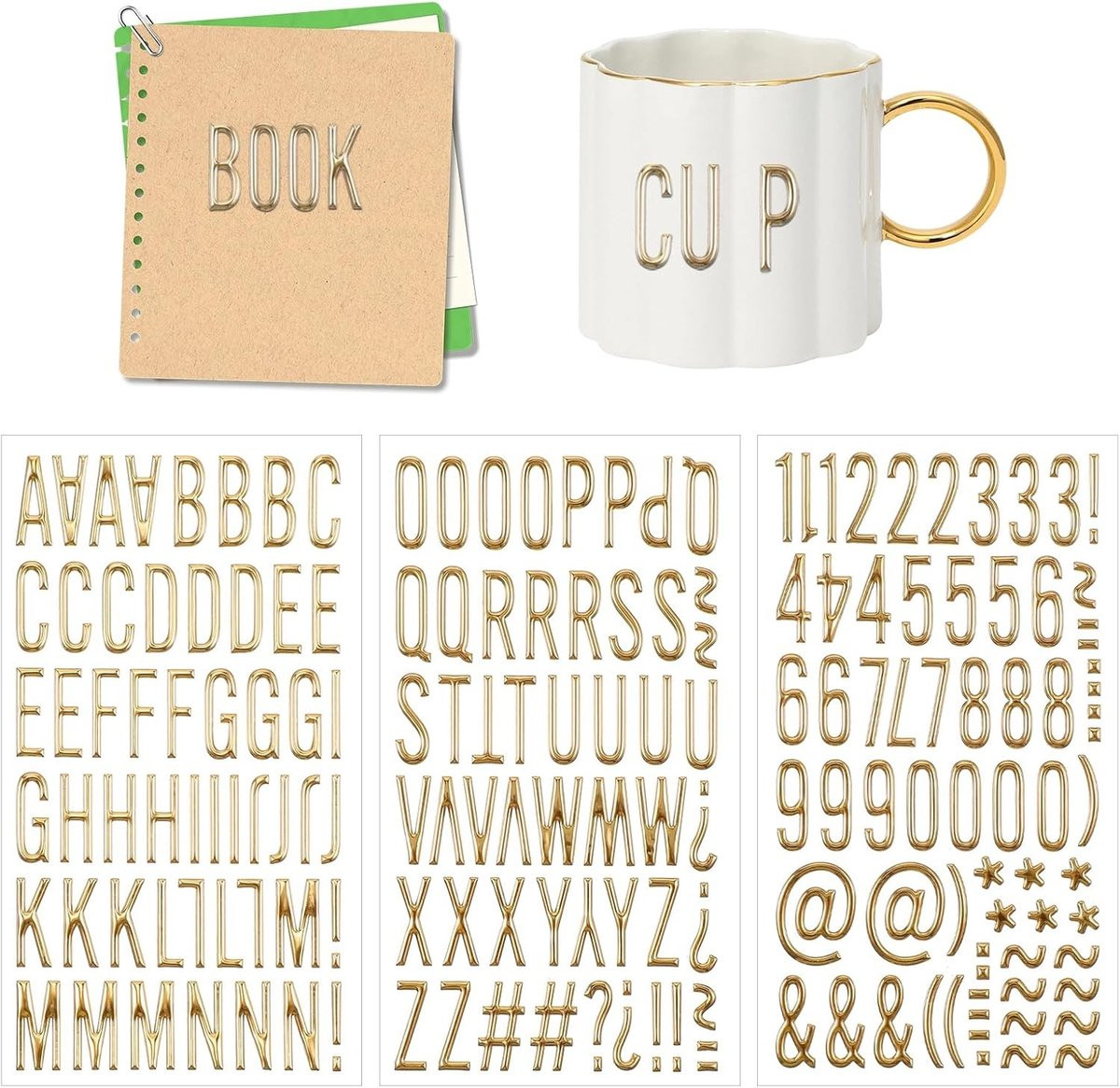 3D gouden glitter letterstickers - 170 stuks zelfklevende alfabet en cijfers voor scrapbooking, posters en decoratie
