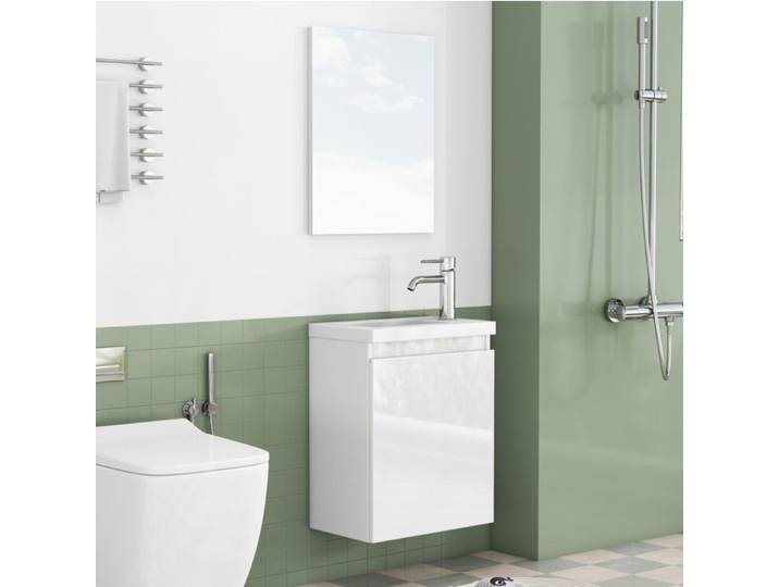 COVREO Meuble sous vasque mural 40 cm avec vasque en céramique et miroir blanc brillant sans poignée livré monté