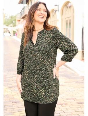 Plus Size Women's Muse Pintuck Tunic by Catherines in Olive Khaki Animal (Size 1X)