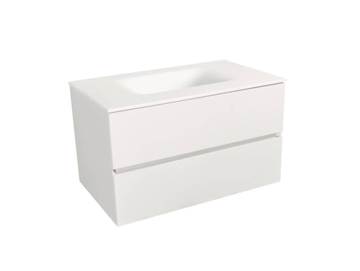 Verona Set Meuble 86cm suspendu blanc mat avec 2 tiroirs fermeture lente + Vasque marbre coulé blanc mat (Verona86BB)