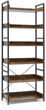 Costway 6-Tier Tall Industrial Bookcase with Open Shelves and 4 Hooks-Brown