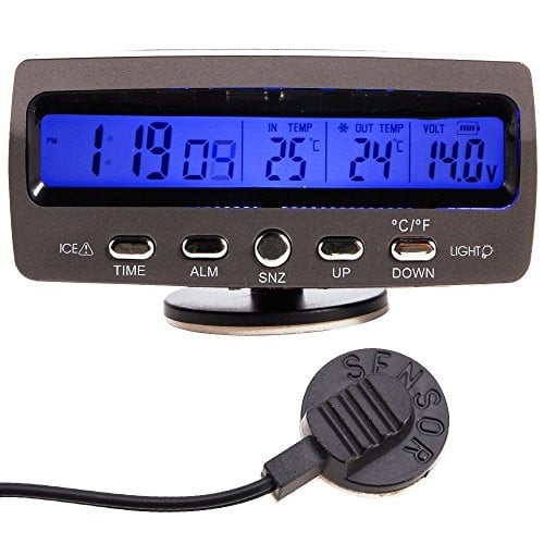 NAMVO LCD Digitale Auto Thermometer, Voltmeter en Spanningstester met Datum, Klok en Alarm