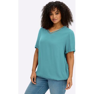 Schlupfbluse SHEEGO, Damen, Gr. 52, ozean, 100% Viskose, unifarben, V-Ausschnitt, Blusen Schlupfbluse