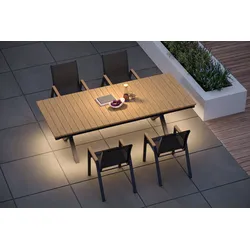OUTFLEXX Luminara Garten-Essgruppe mit LED-Beleuchtung, anthrazit matt/natur, Aluminium/Holzimitat/Textilene, Tisch 240 x 100 cm, 4 stapelbare Sessel