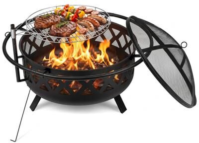 Costway Outdoor Black Fire Pit with Adjustable and Rotatable Grill Grate Breathable Mesh & Outer Ring for BBQ-36 Inches