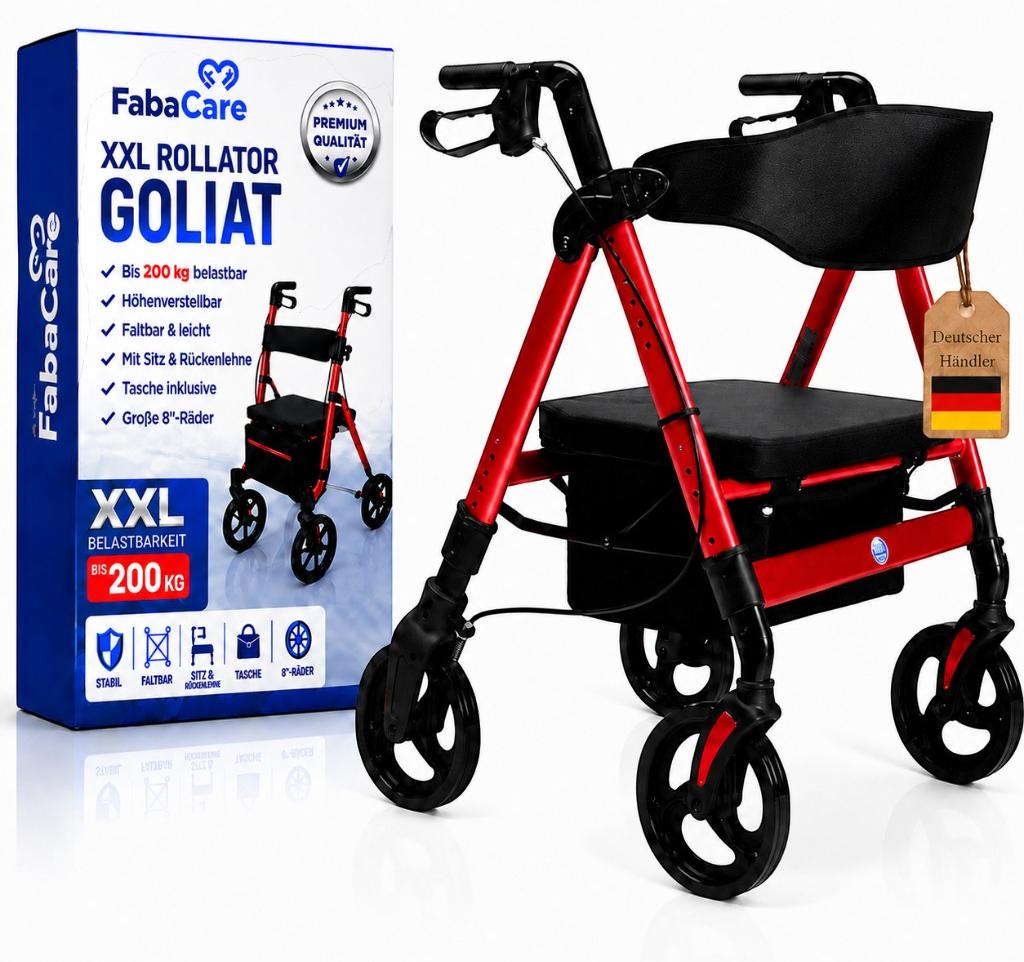 FabaCare XXL Rollator Goliat, höhenverstellbar, faltbar, Gehwagen, bis 200 kg, Farbe Rot