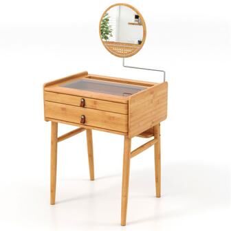 Costway Bamboo Makeup Vanity Table with Mirror with 2 Storage Drawers-Natural