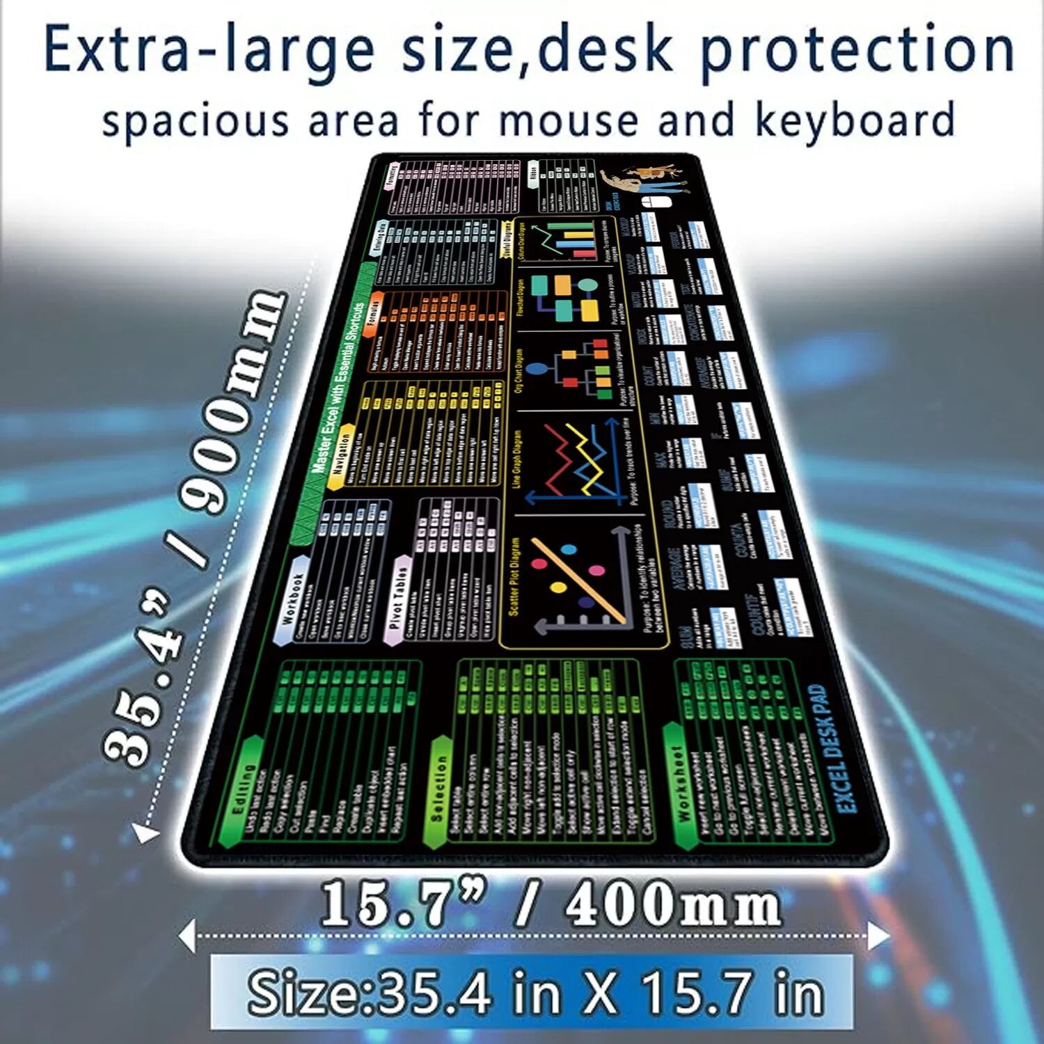 INF Grand tapis de souris Excel 400x900mm en caoutchouc naturel avec raccourcis Excel 3mm