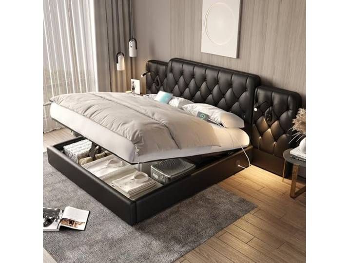 Polsterbett 180x200cm mit Hydraulischem Stauraum, USB Anschluss Leselampen Samt Doppelbett mit Verlängertem Kopfteil, Schwarz, Ohne Matratze