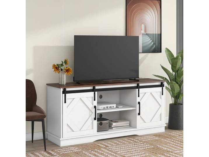 LPOSPI Meuble tv moderne - buffet de salon avec 2 portes coulissantes et étagères réglables blanc 150×40×60 cm