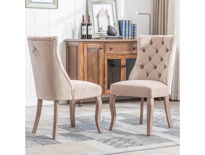Chaise 4 pieds chaise beige velours Chaise de salle à manger dossier haut avec piqûre de bouton structure en bois massif beige(