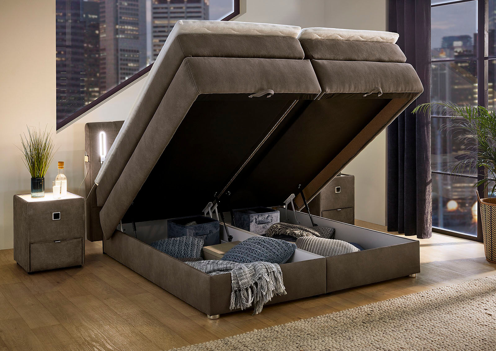 Boxspringbett JOCKENHÖFER GRUPPE "Kati erhältlich in der Grösse 180x200cm", braun (braun 415, 08), B:191cm L:215cm, Bezug Bett: Mictrofaser (100% Polyester);Topper und Matratzenspiegel: 100% Polyester, Komplettbetten, Boxspringbett, Höhenverstellbares Kop