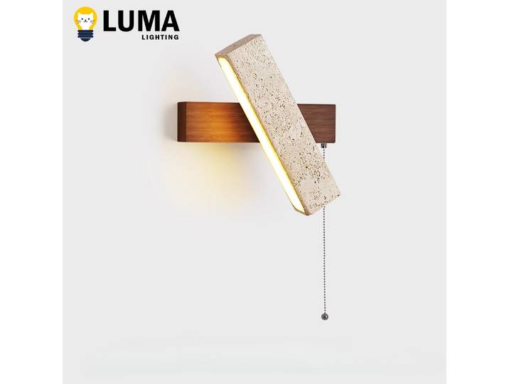 Luma applique murale japonaise en travertin jaune Wabi-Sabi avec interrupteur à chaîne de traction, lampe LED rotative en pierre de bois pour appartement de chevet