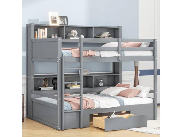 Idemon Etagenbett 90×200 cm EN747-1 (Grau, Massivholz-MDF, 2 Schubladen + Staufächer)，Minimalistisches Kinder- & Gästebett mit Seitlichem Ablagefach – Platzsparend & stabil， ohne Matratze