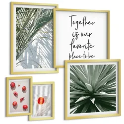 BILDER SET 5er Set - 50x50 cm & 20x30 cm & 40x60 cm Goldrahmen - Feiertags-Palmenfrucht-Inschrift