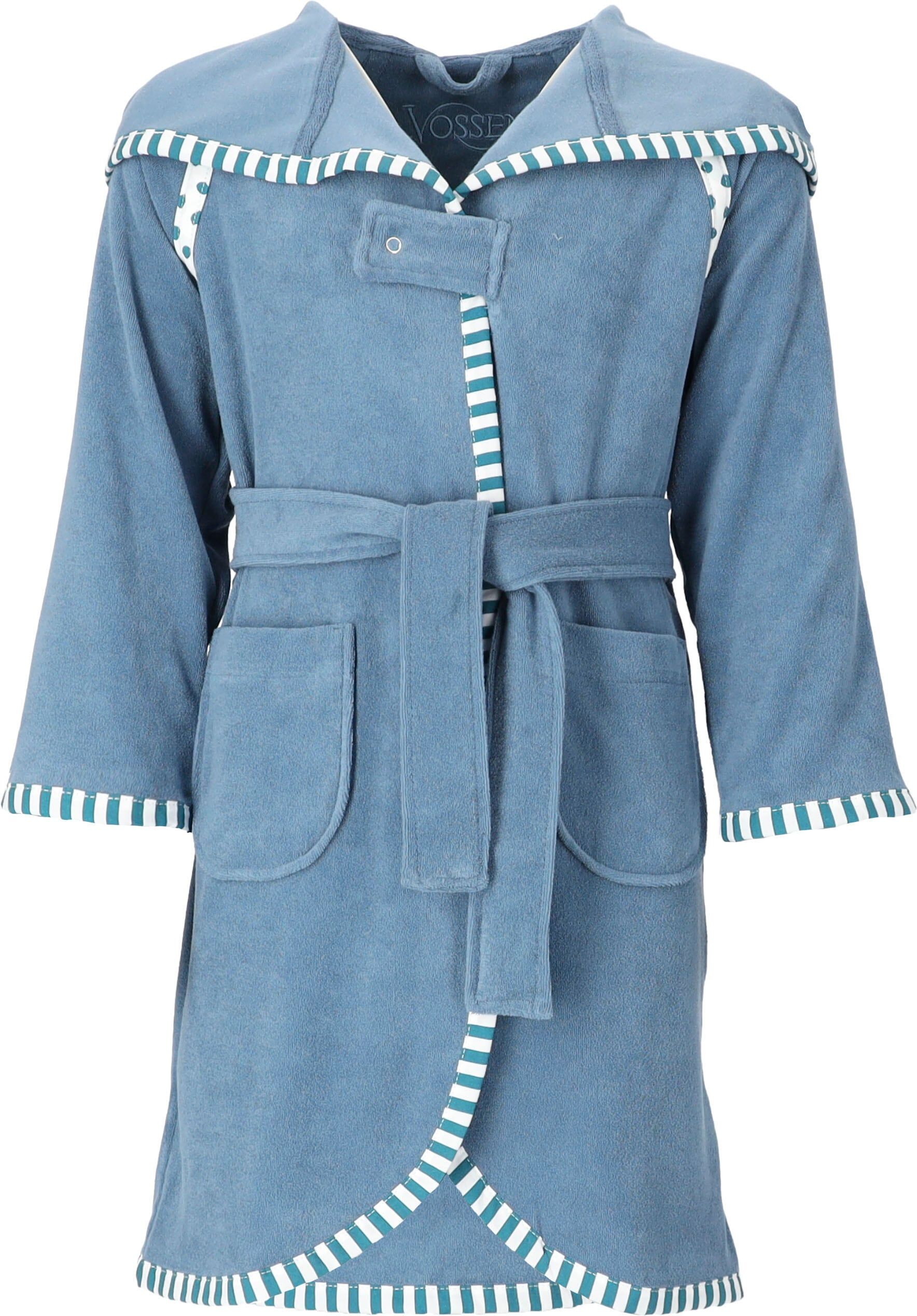 Kinderbademantel VOSSEN "Mimmi" Gr. 122, blau (dusty blau), L:80cm, Rundstrickware, Hausmäntel, Kinderbademantel, für Mädchen & Jungen, mit Kapuze & kontrastfarbigen Einfassung dusty blau 122/128 L: 80cm