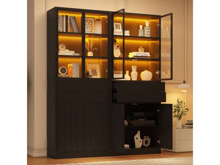 Vitrine buffet haut 140x34x180 cm noire avec portes vitrées LED Bluetooth 2 tiroirs panneaux de particules ORVRYN
