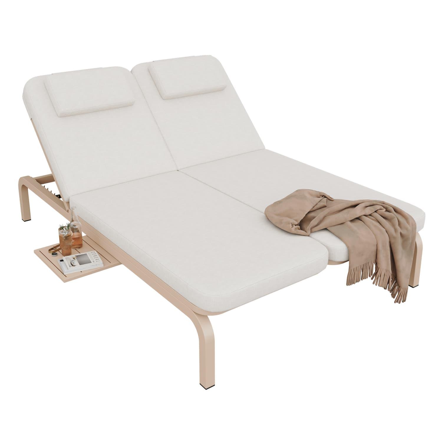 Gartenmöbel für 2 Personen, Gartenliege,Sonnenliege,Outdoor-Liegebett, verstellbare Rückenlehne (5-stufig),Mit Ausziehtisch,Mit Kopfstütze, Beige