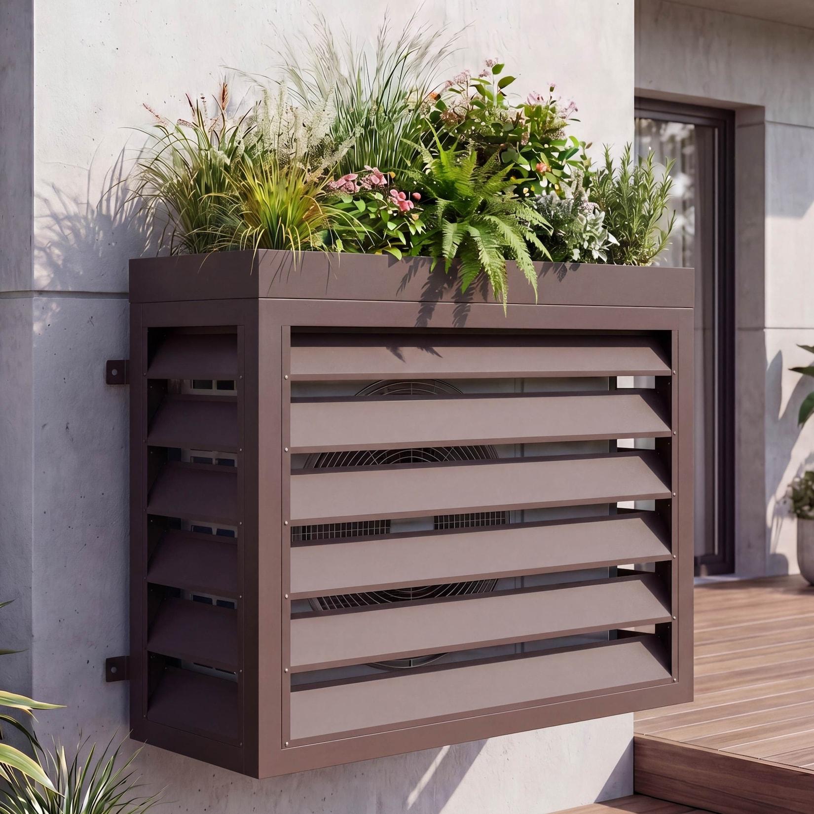 Verkleidung für Klimaanlage/Wärmetauscher MCW-O43 mit Pflanzkasten, Abdeckung, Metall 80x97x38cm ~ dunkelbraun