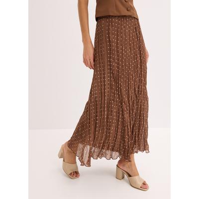 Plisseerock BONPRIX, Damen, Gr. 50, braun (hellbraun, sandbeige gepunktet), Chiffon;Crash;Web, Obermaterial: 100% Polyester. Futter: 100% Polyester, Crashoptik, gepunktet, A-Linie knöchelfrei, Röcke, mit Elastikbund, in A-Linie, gepunktet, knöchelfrei