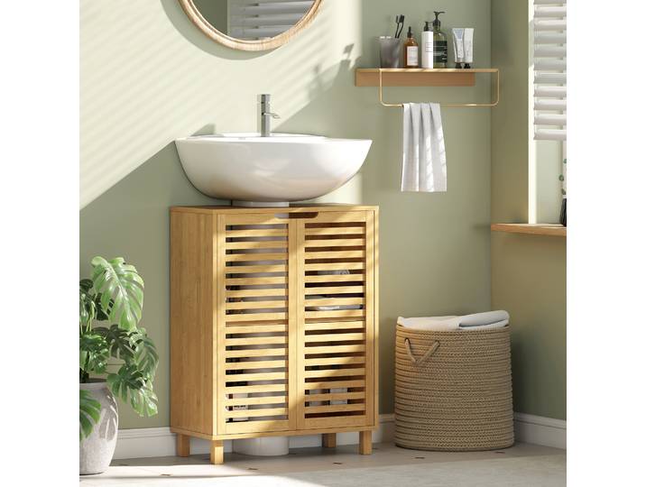 HOMCOM Meuble Sous-Lavabo Bambou 2 Portes Étagère Ajustable