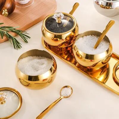 Youfap Market Stainless Steel Sugar Bowl With Lid & Spoon, Gold And Silver Household Kitchen Condiment Pots, Spice Salt Pepper Serving gold