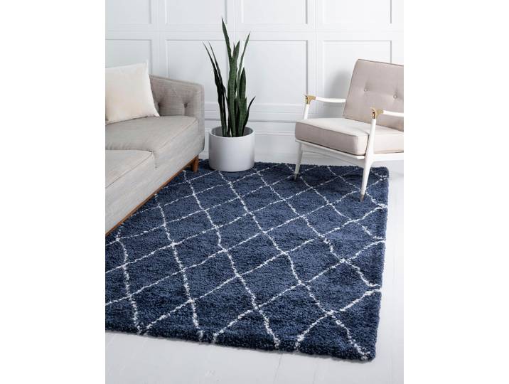 Hochflor-Teppich Temara Shag, LAGERRÄUMUNG , blau (marineblau, elfenbeinfarben), B:122cm H:51mm L:183cm, Polypropylen (PP), MYFLAIR MÖBEL & ACCESSOIRES, Teppiche, Hochflor-Teppich, gewebt, Rauten Design, weich & kuschelig