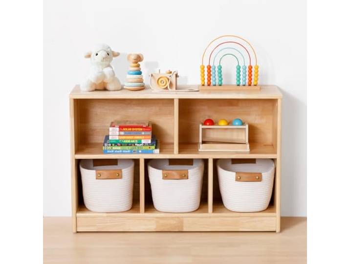 OOOK Gummiholz Kinderregal Spielzeugschrank, Spielzeugregal, 90x30x60 cm Glatte Abgerundete Kanten, Mehrere Fächer, Einfache Montage, Bücherregal für Kinderzimmer, Spielzimmer und Kindergarten