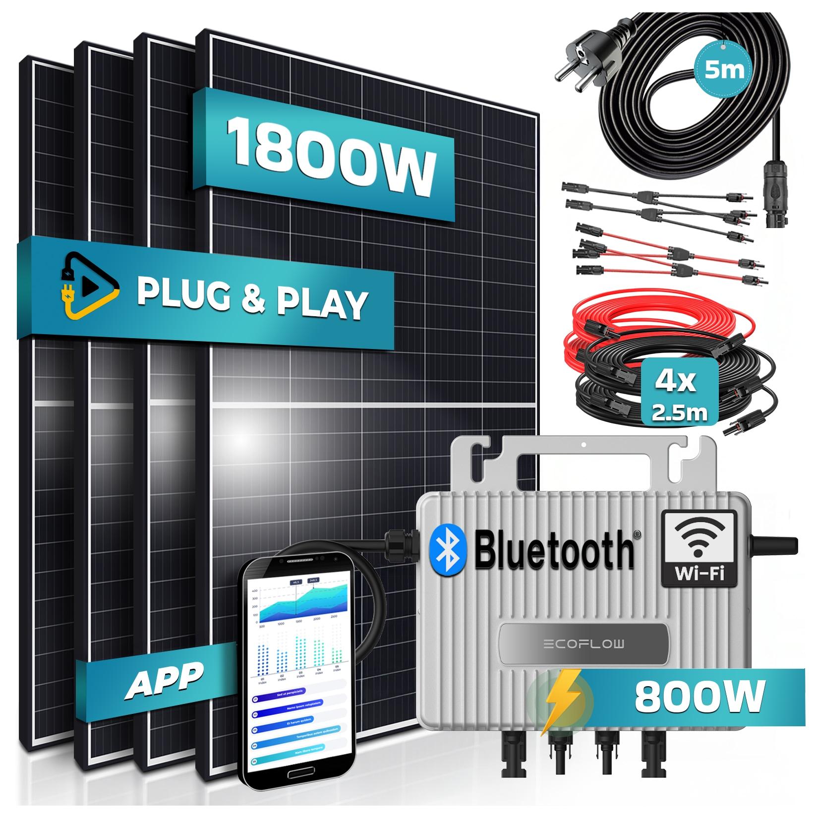 SUNNIVA® 1800W Balkonkraftwerk 800W komplett Steckdose - Ecoflow Stream 800W Wechselrichter - PV Solaranlage Komplettset - 4x 450W (1800W) Solarmodule - inkl. 5m Kabel - Bluetooth, WIFI