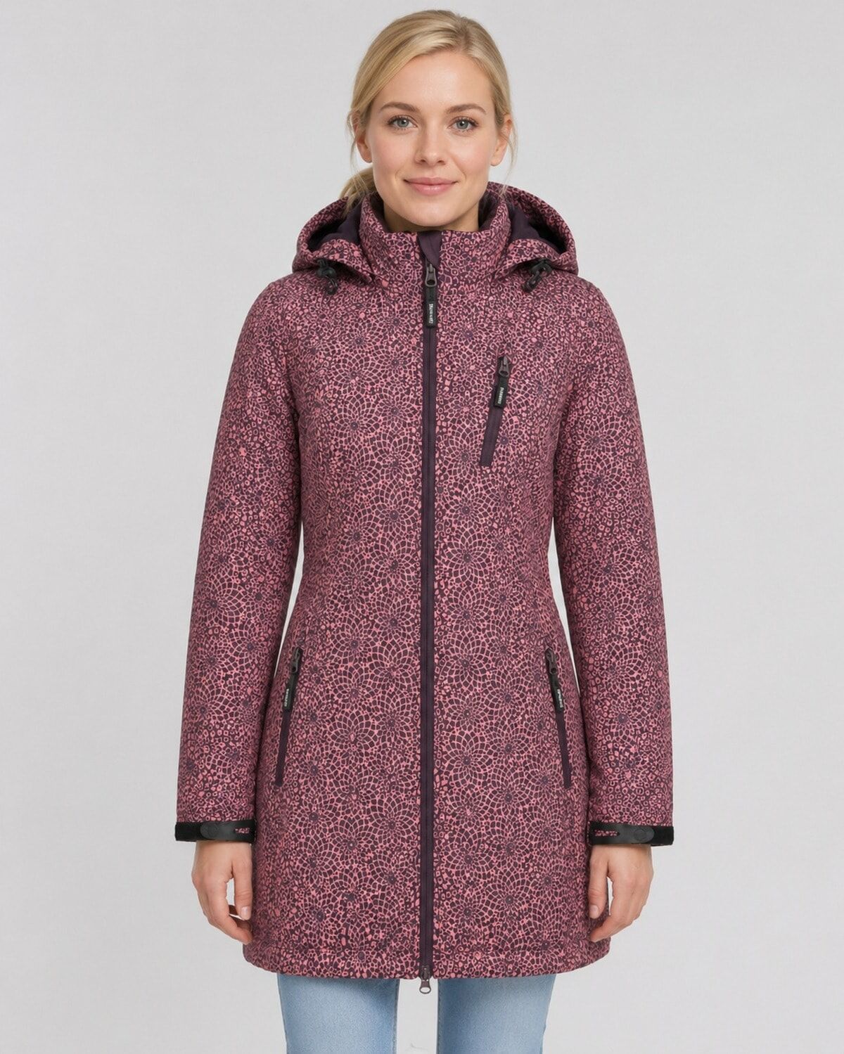 Softshelljacke DEPROC ACTIVE "SHELBY LONG", Damen, Gr. 44L, rosa (wine), Softshell, 100% Polyester, tailliert ca. Mitte Oberschenkel, hoch geschlossener Ausschnitt, eingesetzt gerader Abschluss mit Klettverschlüssen, Jacken Softshelljacke, leichter Softsh